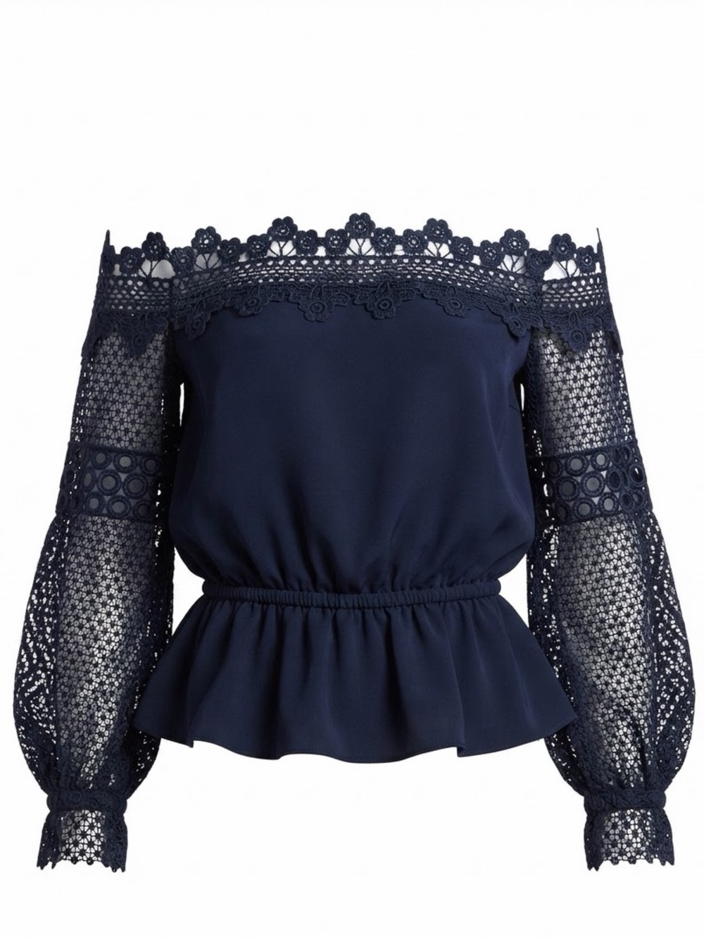 Self-Portrait Lace Off-Shoulder Peplum Top in Navy